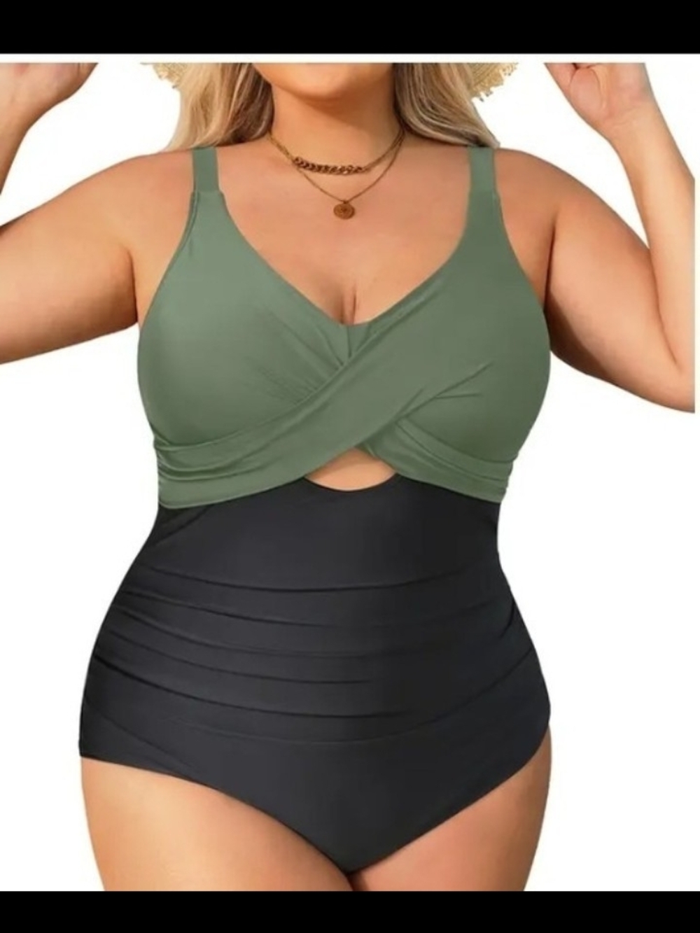 Plus Size Olive and Black Wrap-Front One-Piece Swimsuit by